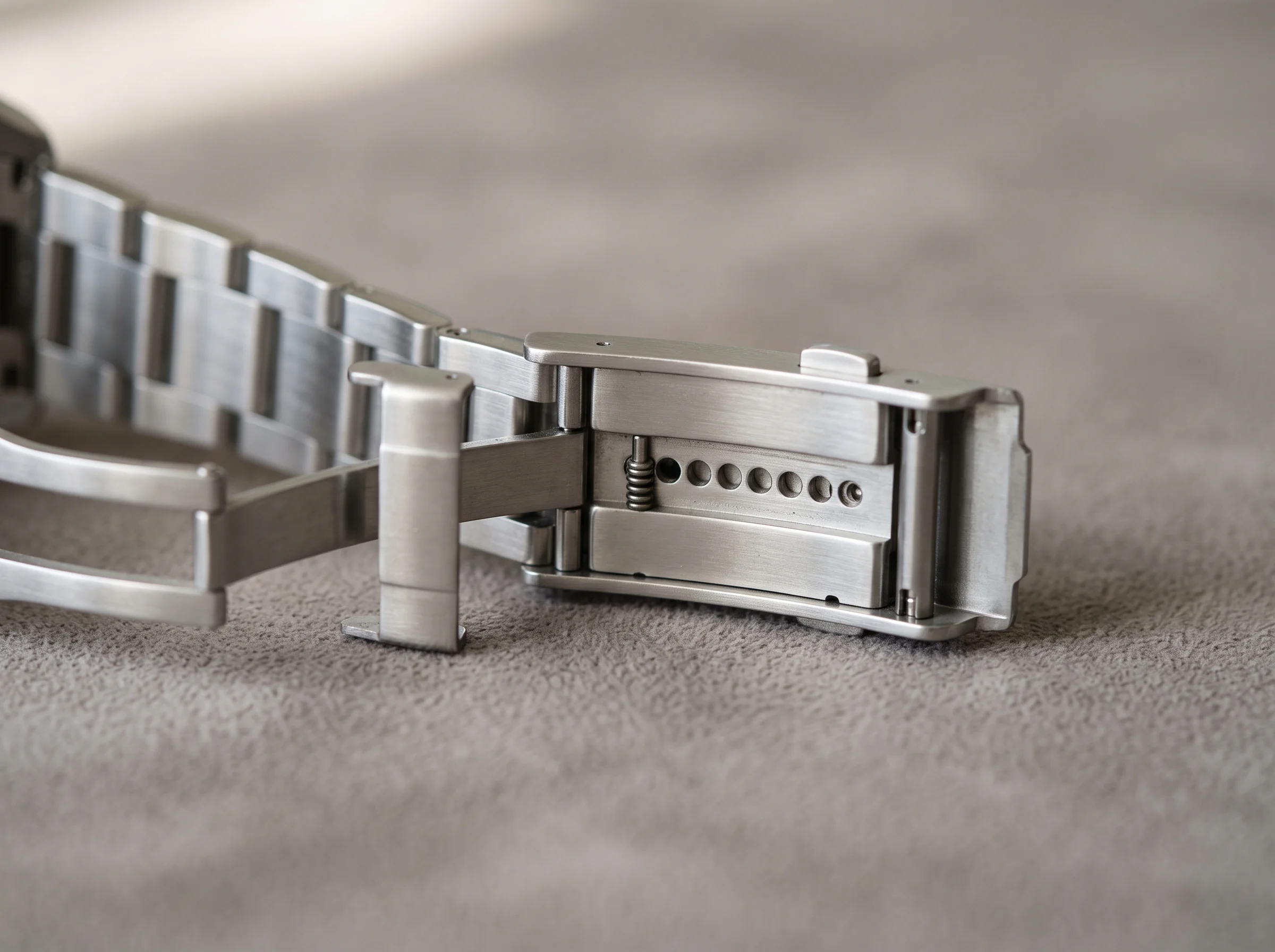 An open stainless steel folding watch clasp showing the micro-adjustment mechanism