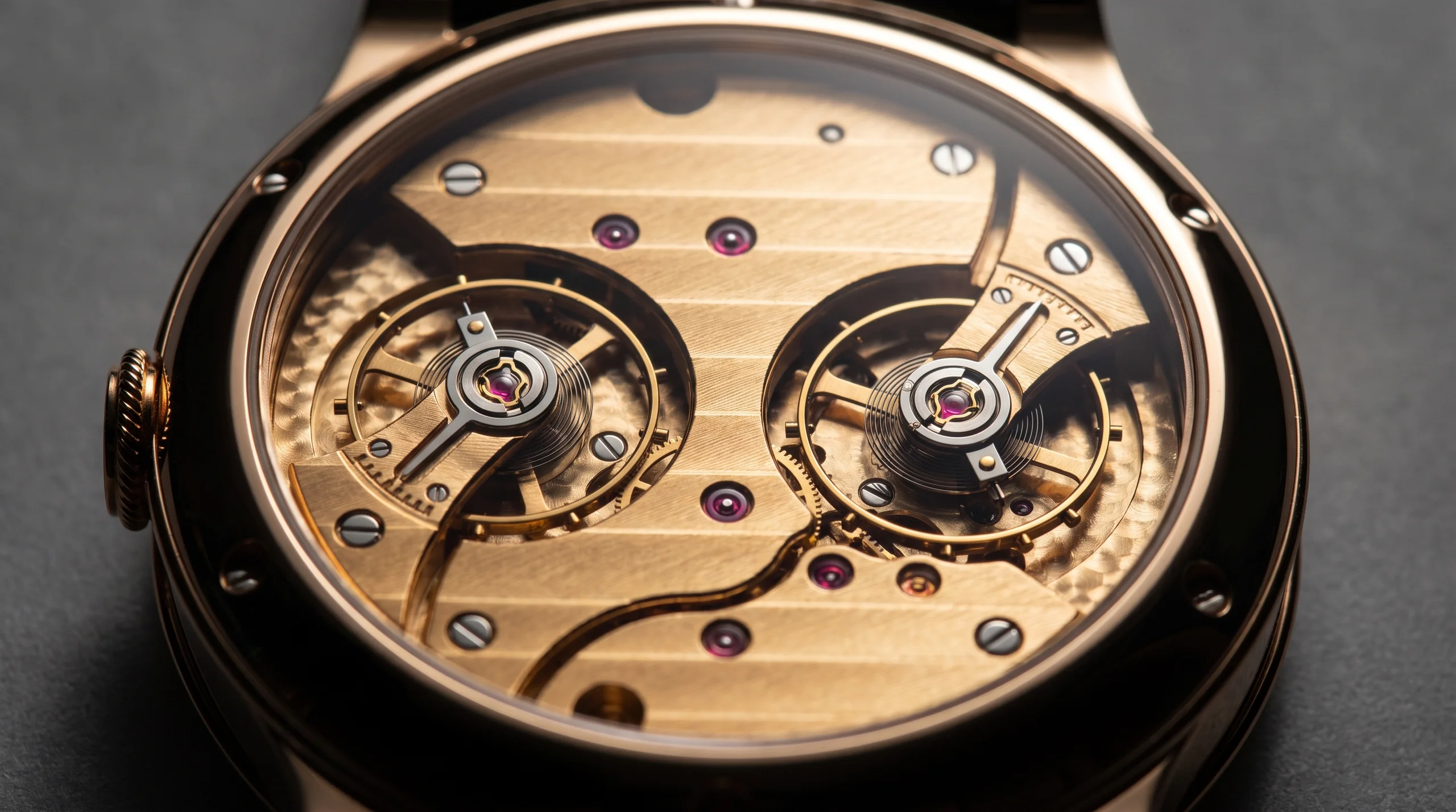 F.P. Journe caliber 1520 movement macro showing two separate balance wheels side by side