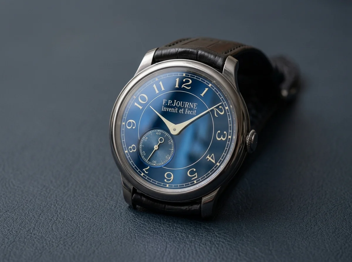 Close view of the F.P. Journe Chronometre Bleu mirror-polished chrome blue dial and off-centered small seconds