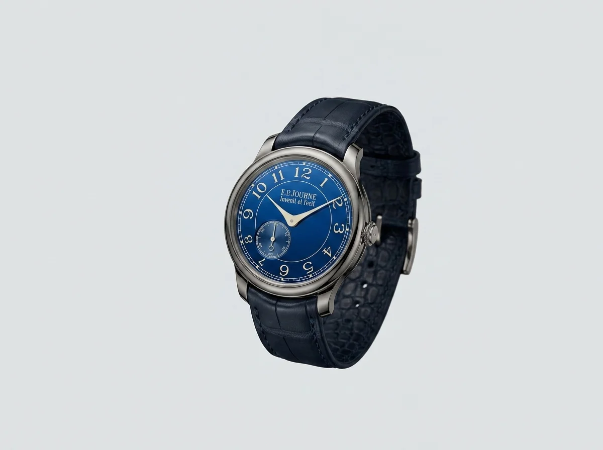 F.P. Journe Chronometre Bleu, three-quarter studio view showing the tantalum case and blue dial