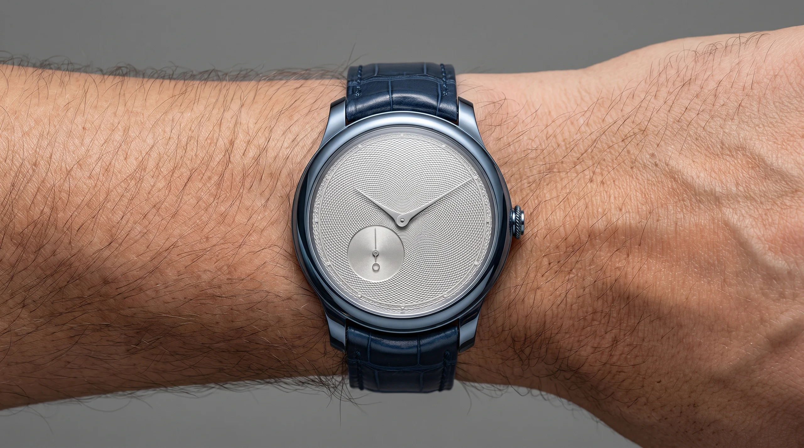 F.P. Journe Chronometre Bleu tantalum watch worn on wrist, front view