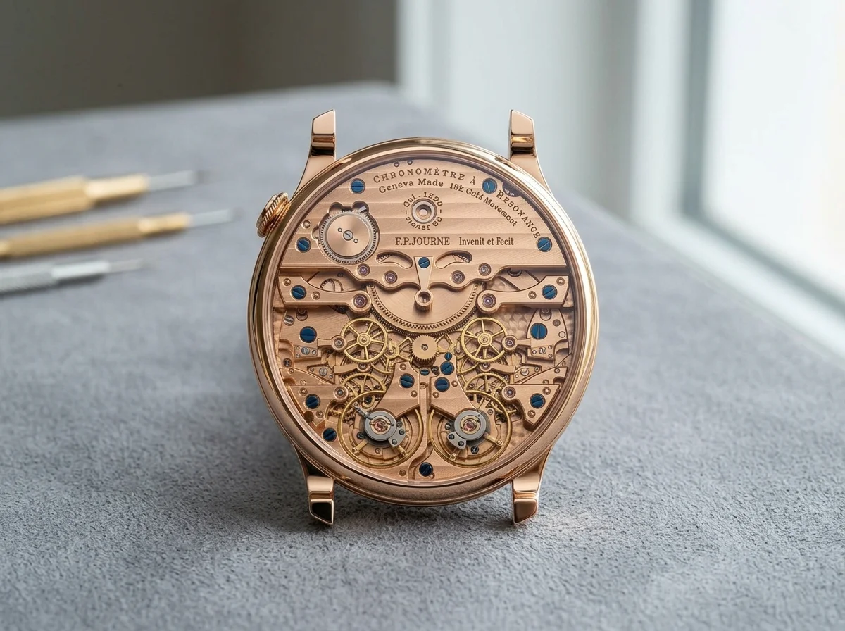 F.P. Journe hand-wound movement in solid 18k rose gold viewed through the sapphire caseback