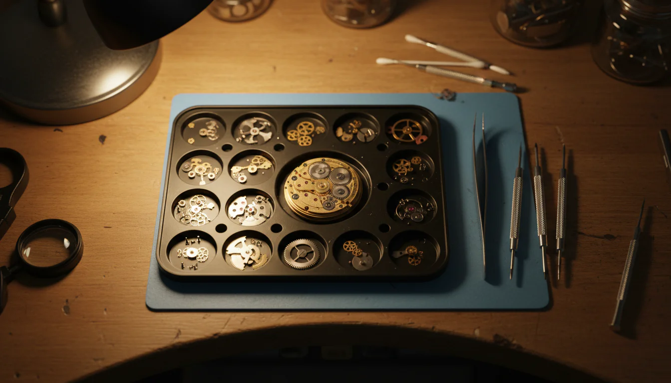 Overhead view of a fully disassembled mechanical watch movement organized in a parts tray on a watchmaker's bench