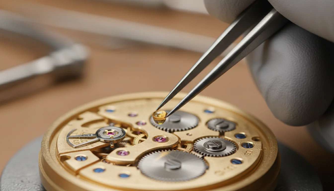 Macro shot of a watchmaker using tweezers to apply a drop of oil to a watch movement jewel during reassembly