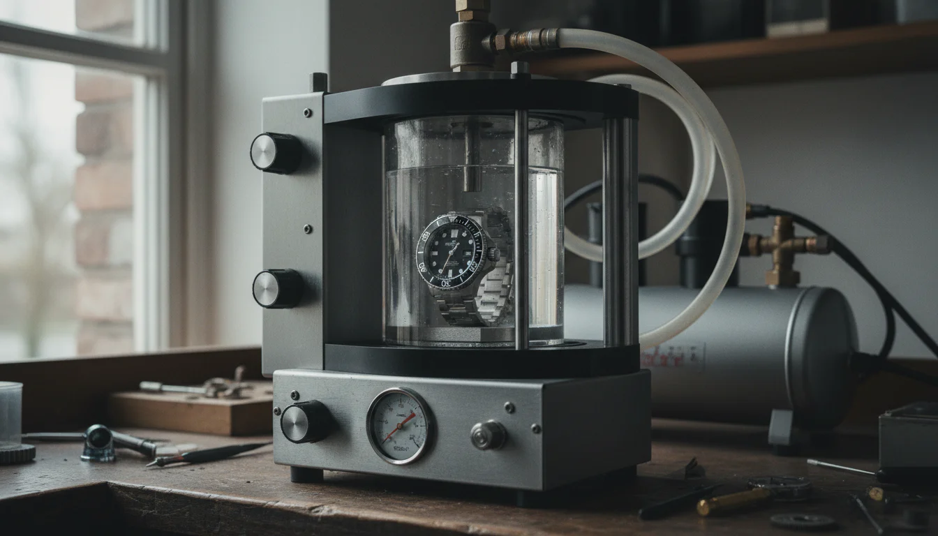 Stainless steel dive watch resting inside a water resistance pressure testing chamber