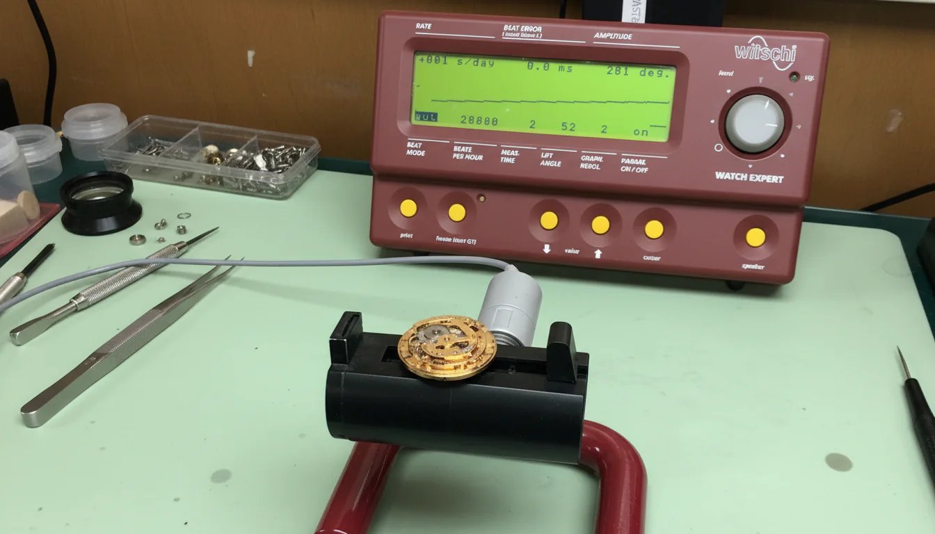 Electronic timing machine displaying a rate trace graph with a watch movement resting on the pickup below