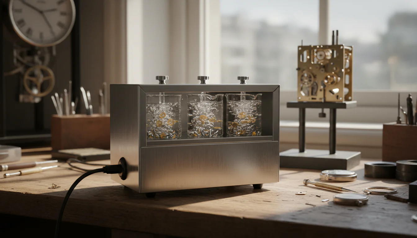 Stainless steel ultrasonic cleaning machine with watch movement parts submerged in cleaning solution jars