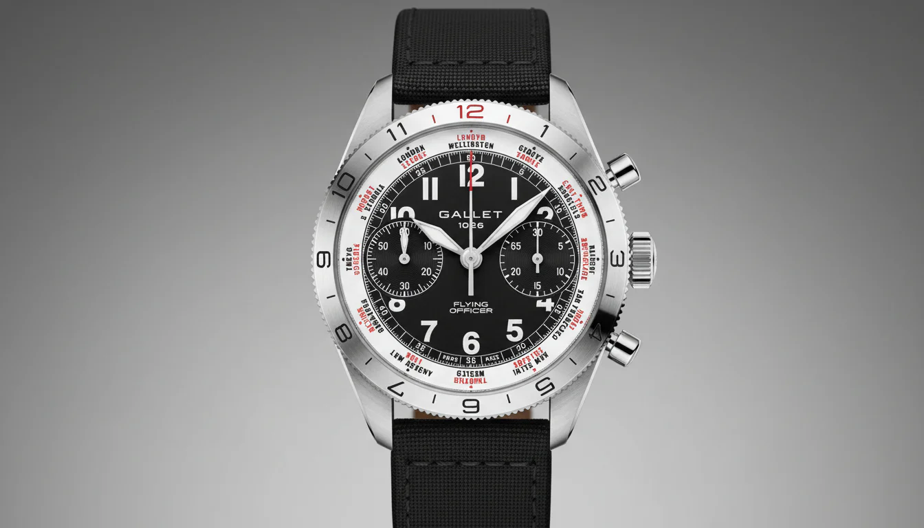 Gallet Flying Officer chronograph with rotating world-city bezel, front view