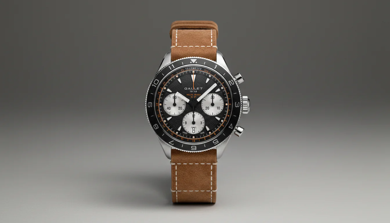 Gallet Multichron Pilot chronograph with reverse panda dial and telemeter scale, front view