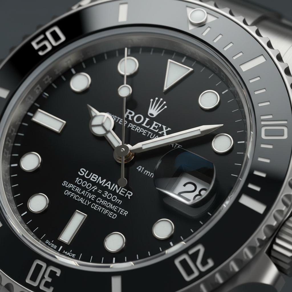 Close-up macro of the Rolex Submariner 126610LN black dial showing Mercedes hands, Chromalight hour markers, and the Cyclops date lens at 3 o'clock