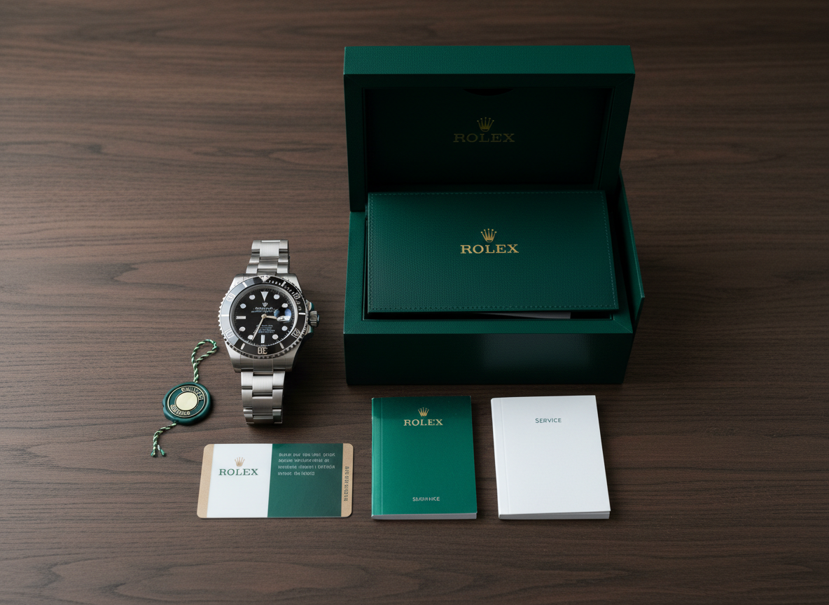 Rolex Submariner 126610LN full set with green Rolex presentation box, outer card box, warranty card, booklets, and white hang tag laid out on a dark surface