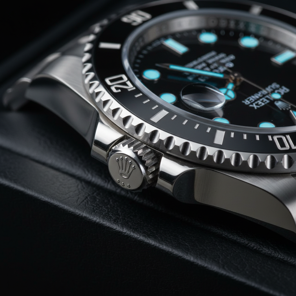 Macro detail of the Rolex Submariner 126610LN rehaut engraving and crown guards, showing the precisely machined ROLEX text around the inner bezel ring