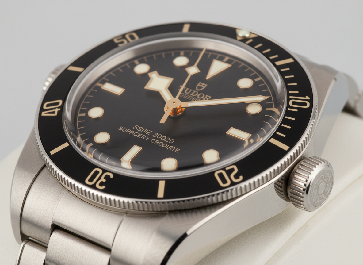 Close-up of the Tudor Black Bay 58 dial with gilt snowflake hands and applied indices