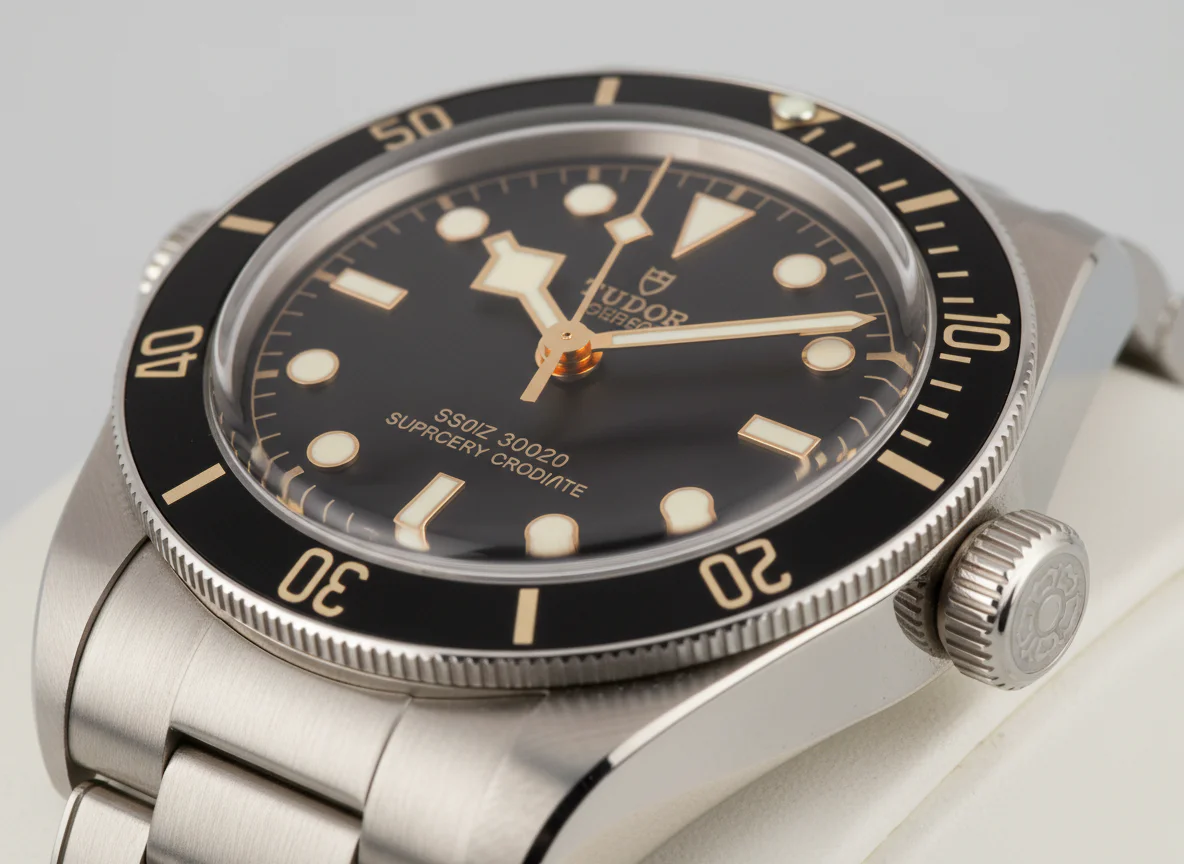 Close-up of the Tudor Black Bay 58 dial with gilt snowflake hands and applied indices