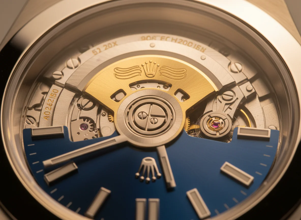 Close-up macro of a Rolex caliber 3235 movement showing the perlage finishing and blue Parachrom hairspring