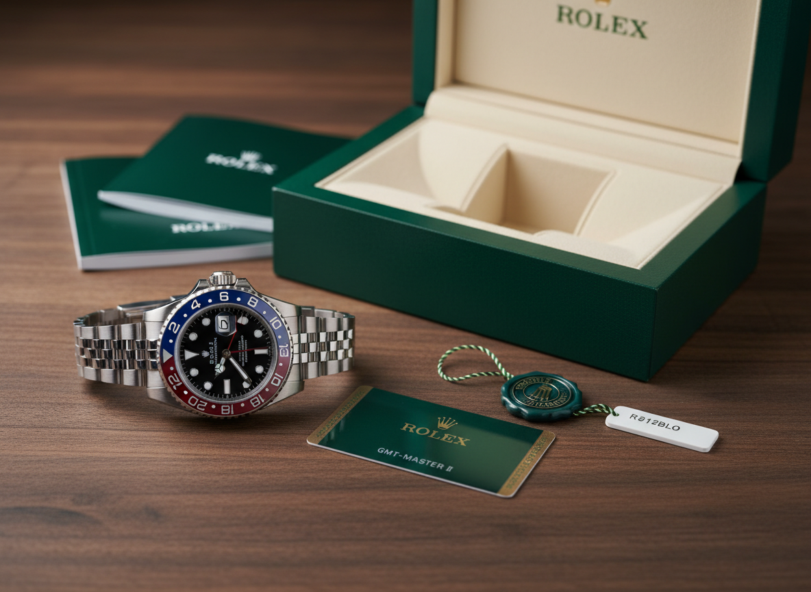 Rolex GMT-Master II Pepsi 126710BLRO full set with original green box, warranty card, and hang tags