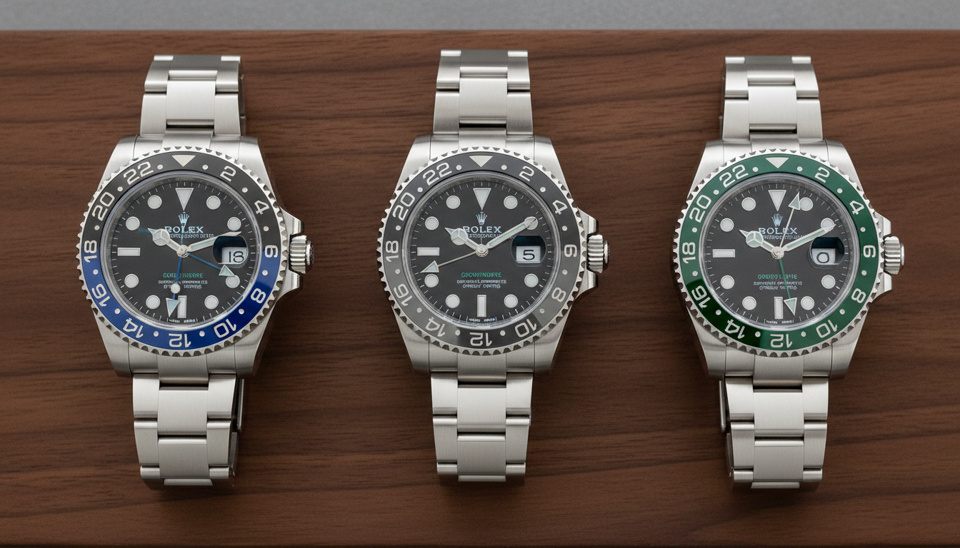 Rolex GMT-Master II Batman, Bruce Wayne, and Sprite displayed side by side for comparison