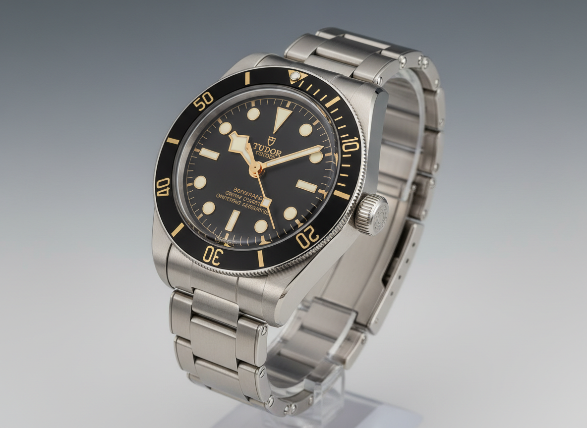 Tudor Black Bay 58 reference 79030N in stainless steel with black dial and gilt accents on rivet bracelet