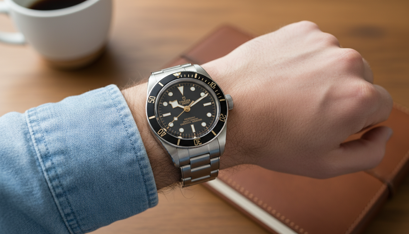 Tudor Black Bay 58 wrist shot showing the 39mm case proportions on a male wrist