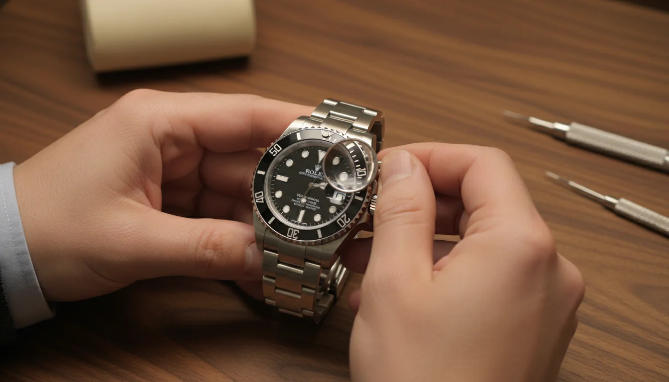 Watch dealer inspecting a fully assembled Rolex Submariner with a jeweler's loupe at a workbench