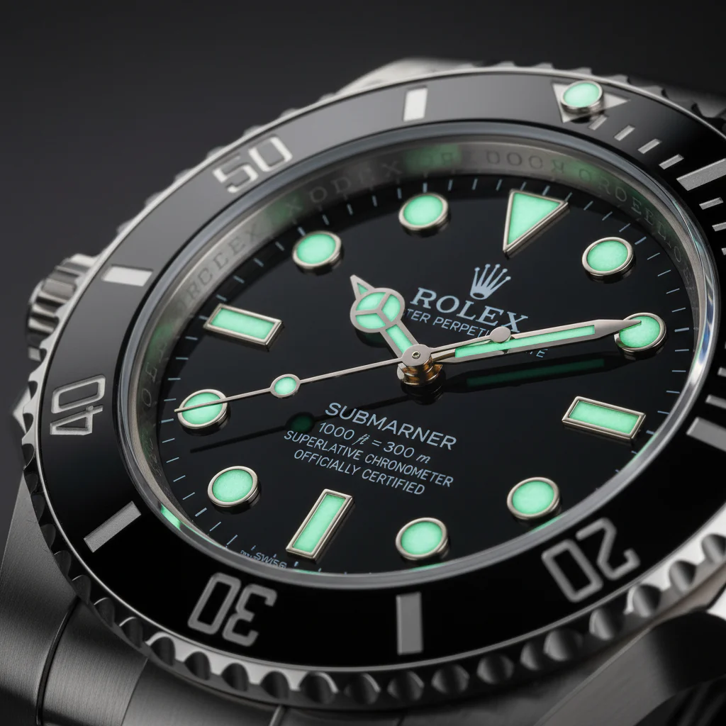 Macro close-up of a Rolex Submariner dial showing applied indices and coronet logo at an angle