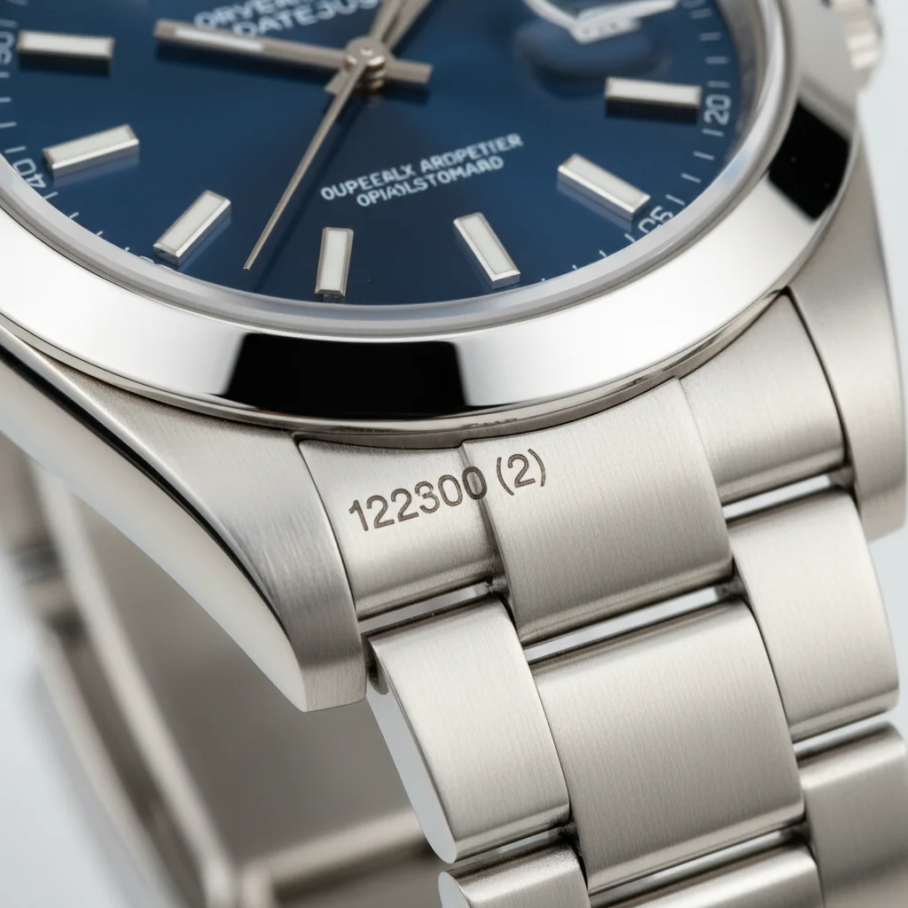 Macro close-up of a Rolex serial number engraving between the lugs at 6 o'clock position