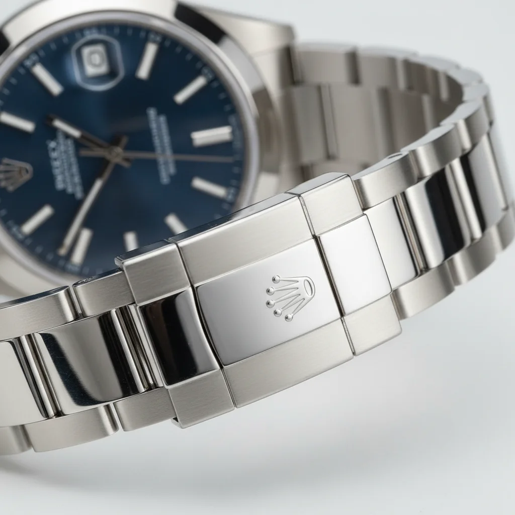 Close-up of a Rolex Oyster bracelet Oysterlock clasp showing the engraved coronet logo