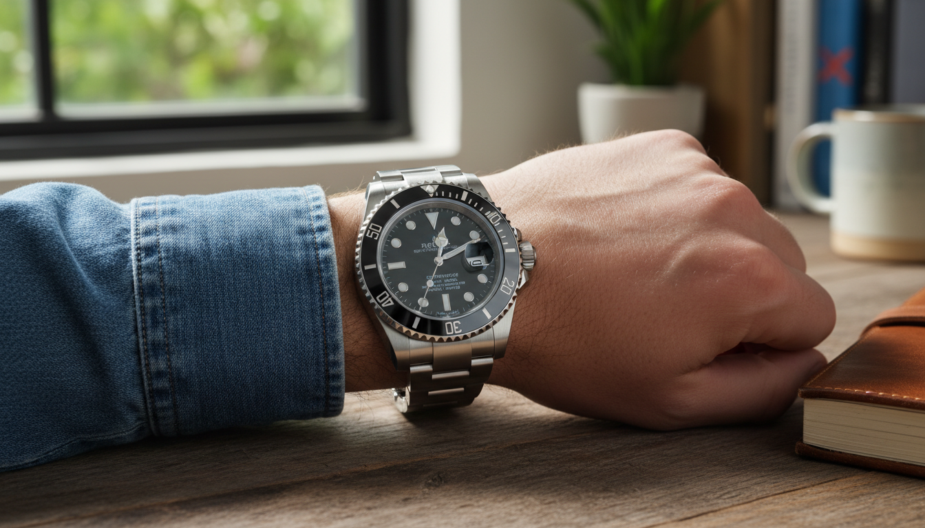 Rolex Submariner 126610LN fully assembled on a wrist with a casual cuffed shirt