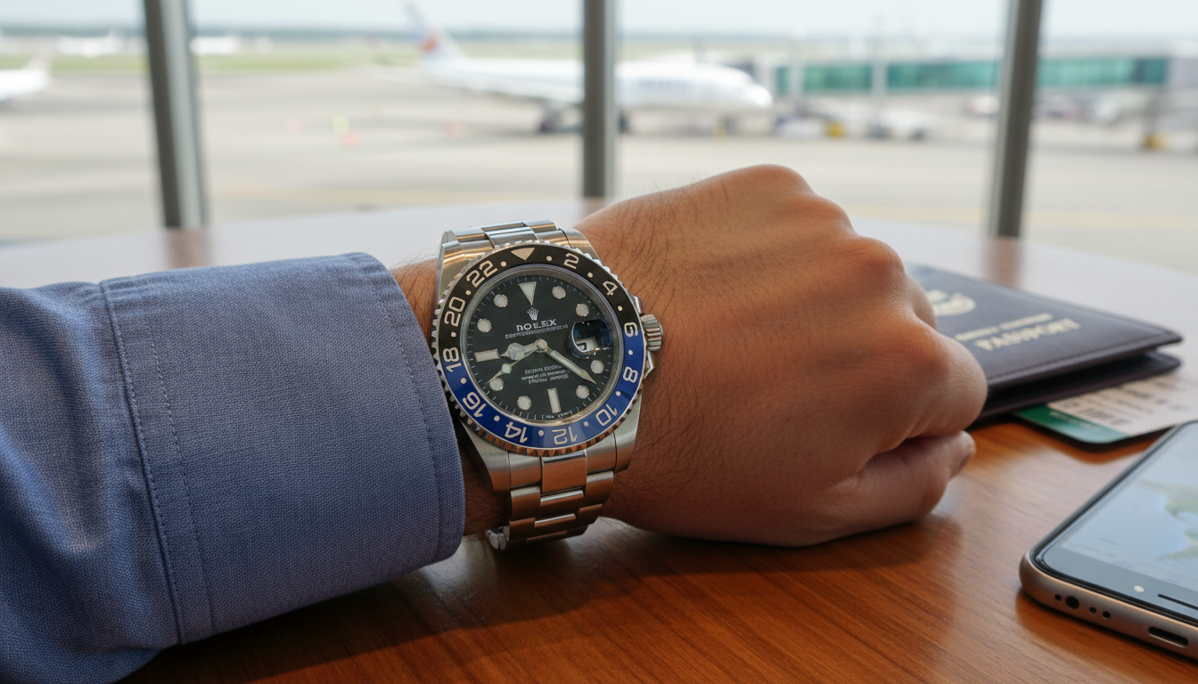 Rolex GMT-Master II Batman fully assembled on a wrist showing the 24-hour bezel and GMT hand