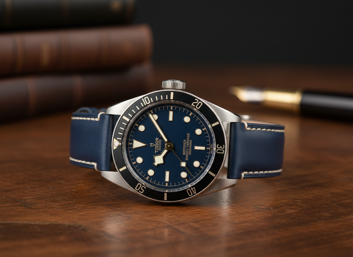 Tudor Black Bay 58 reference 79030N with navy blue dial on leather strap, placed on a wooden desk surface
