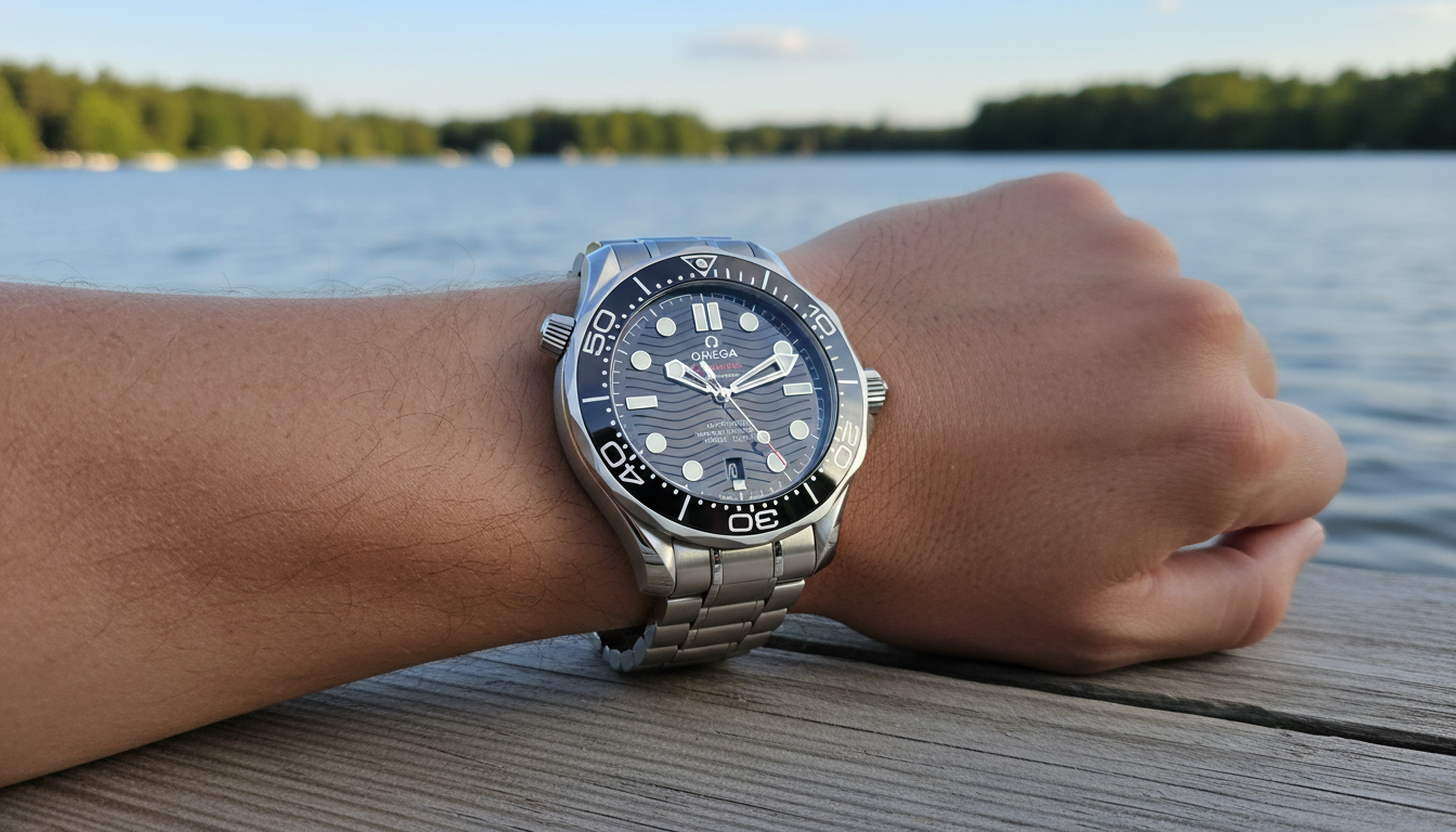 Omega Seamaster Diver 300M with black ceramic bezel worn on wrist near water, showing the dive watch in its natural environment