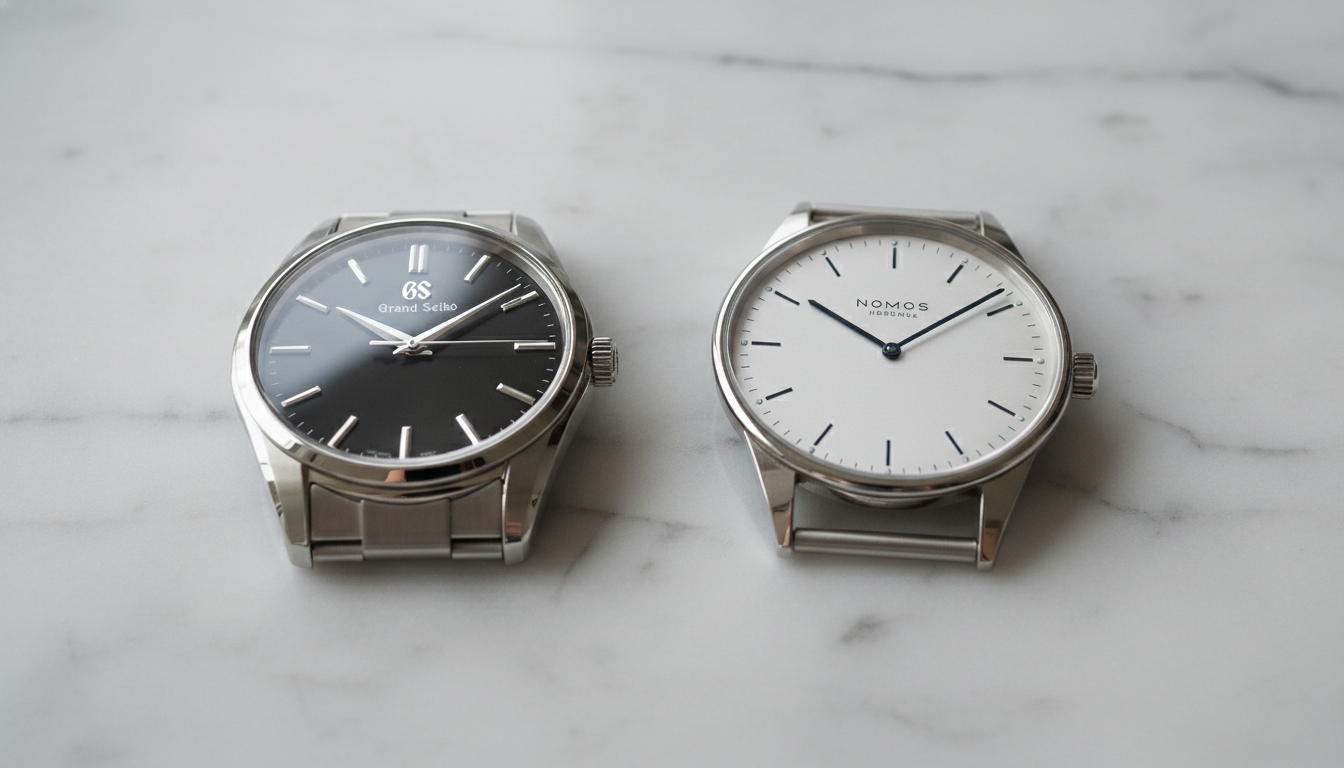 Grand Seiko SBGR253 and Nomos Tangente 38 compared side by side on white marble, illustrating different finishing philosophies
