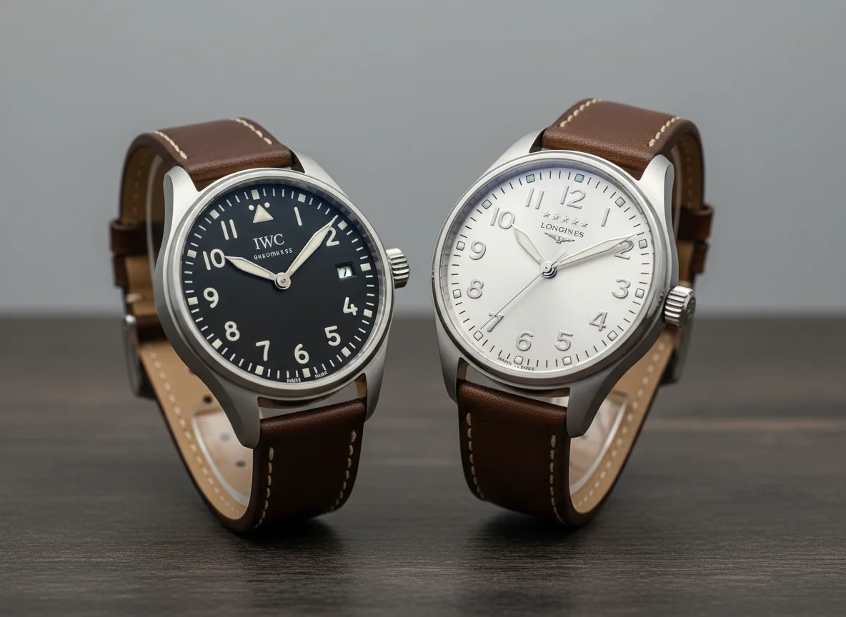 IWC Pilot's Watch Mark XX and Longines Spirit 40mm placed side by side on dark leather, illustrating pilot watch design