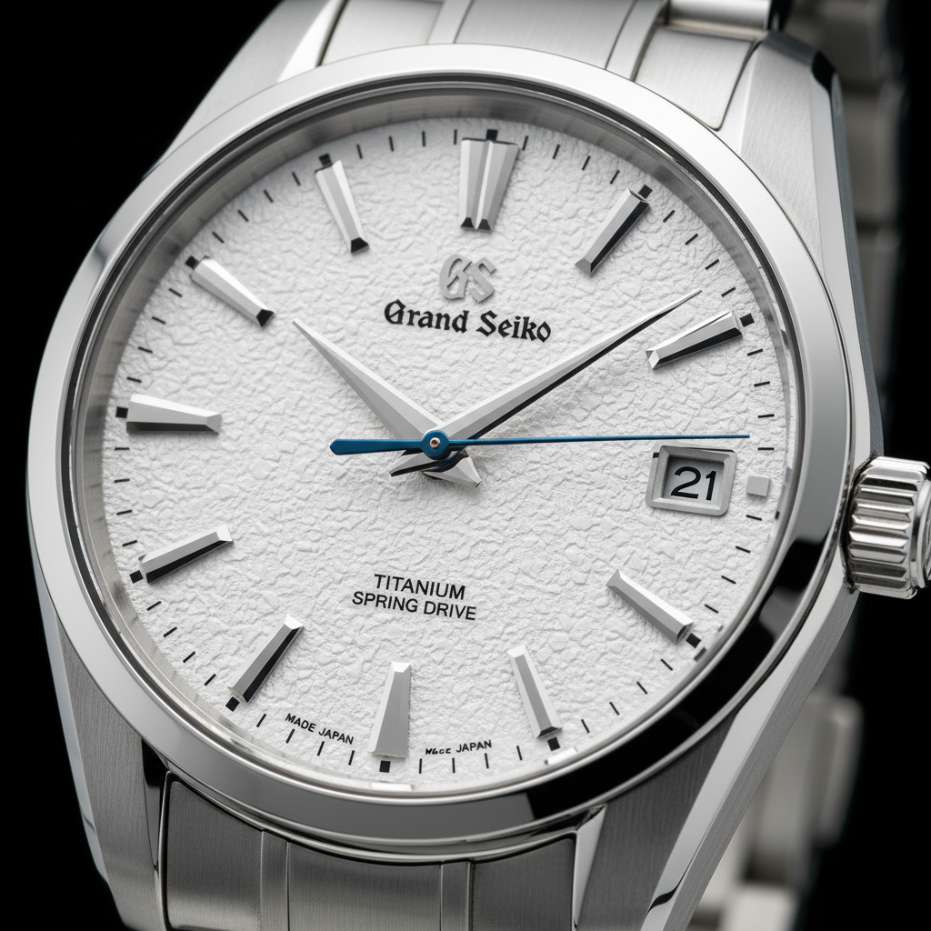 Grand Seiko SBGA211 Snowflake dial close-up showing textured white surface resembling freshly fallen snow
