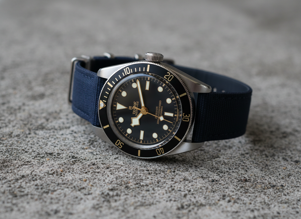 Tudor Black Bay Fifty-Eight 79030N in stainless steel with black dial, shown on a dark textile strap