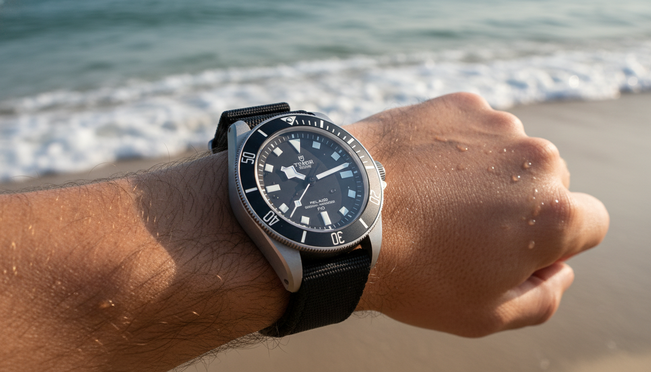 Tudor Pelagos FXD titanium dive watch worn on wrist with ocean in background