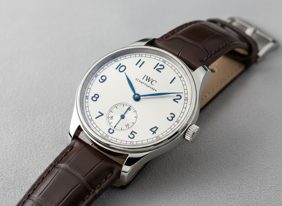 IWC Portugieser Automatic 40 IW358304 stainless steel with silver dial and leather strap on neutral background