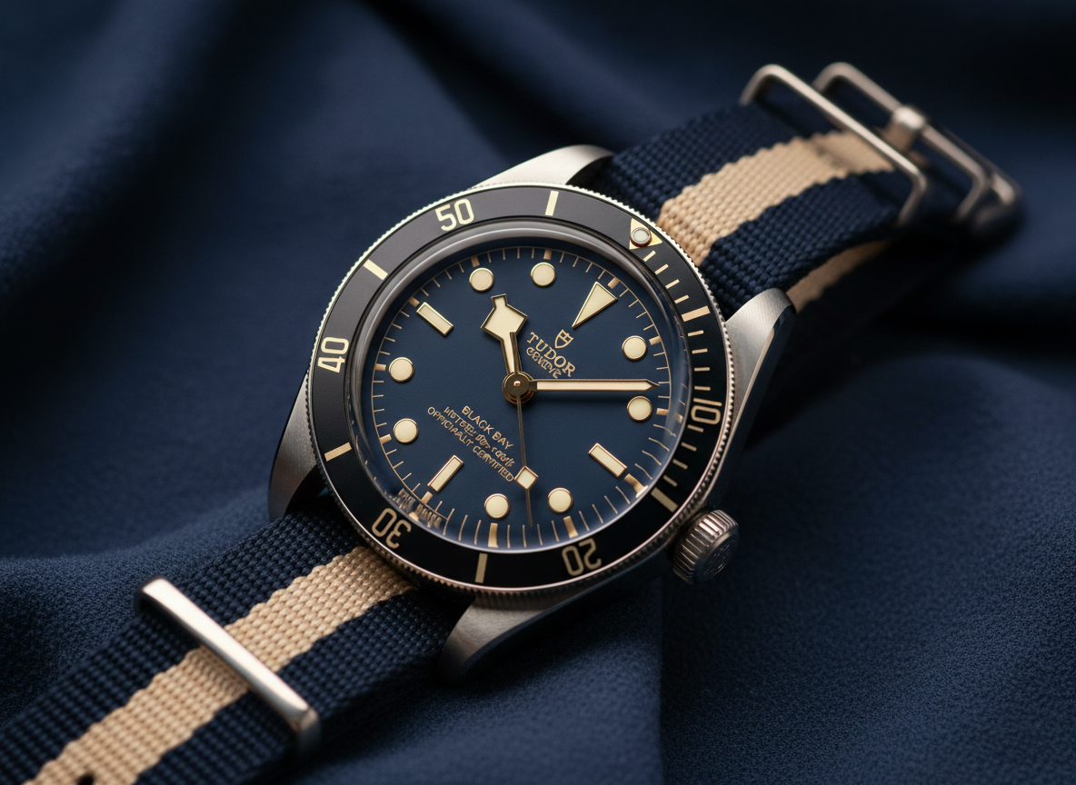 Tudor Black Bay 58 79030N with navy blue dial and fabric strap — the strongest value-retention watch under $5,000 in the pre-owned market