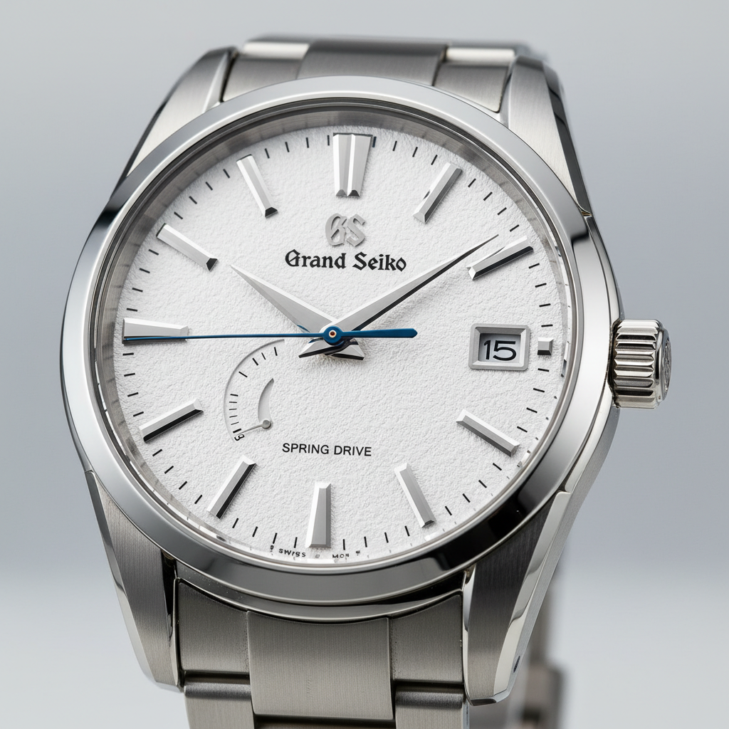 Grand Seiko Snowflake dial macro showing Zaratsu polished case finishing