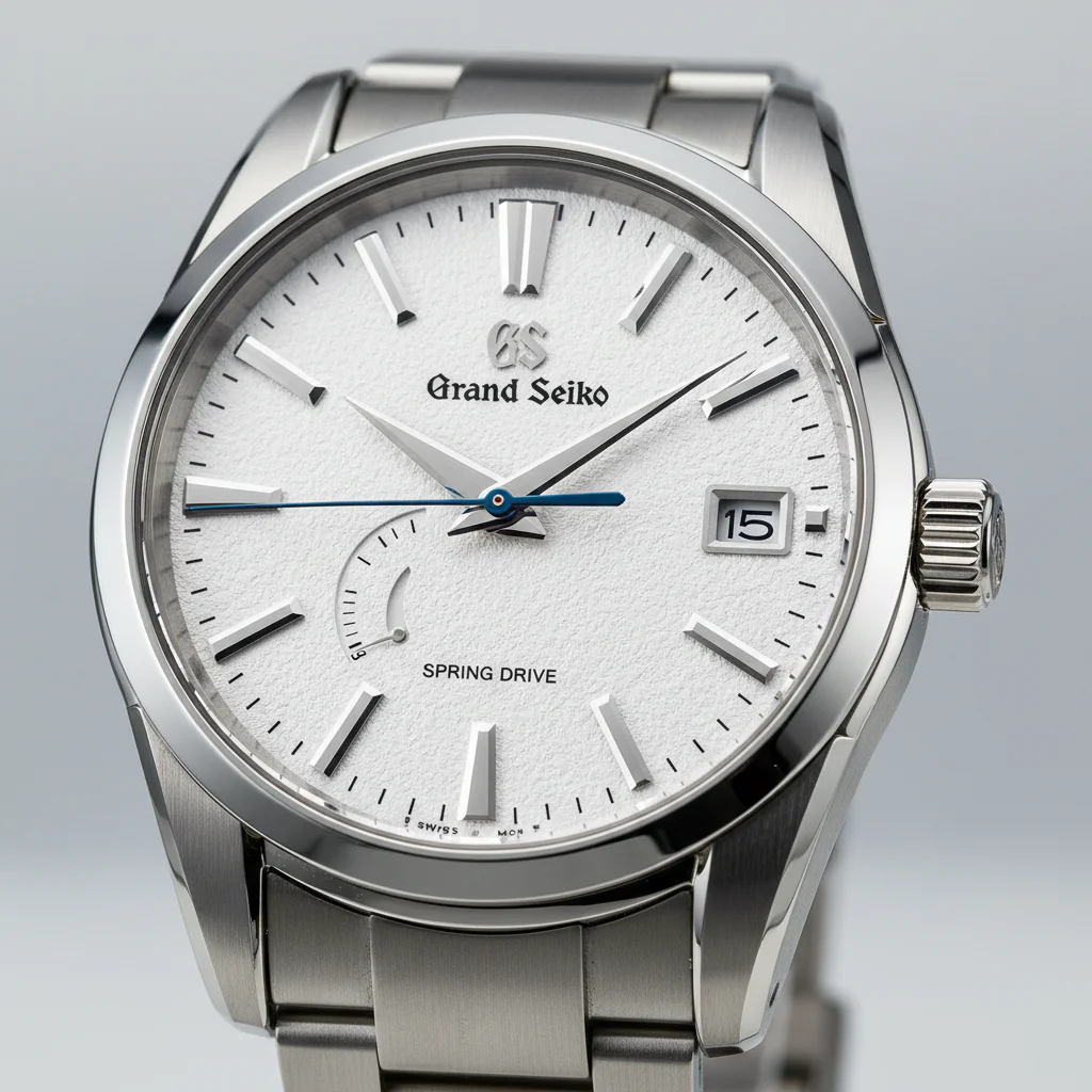 Grand Seiko Snowflake dial macro showing Zaratsu polished case finishing