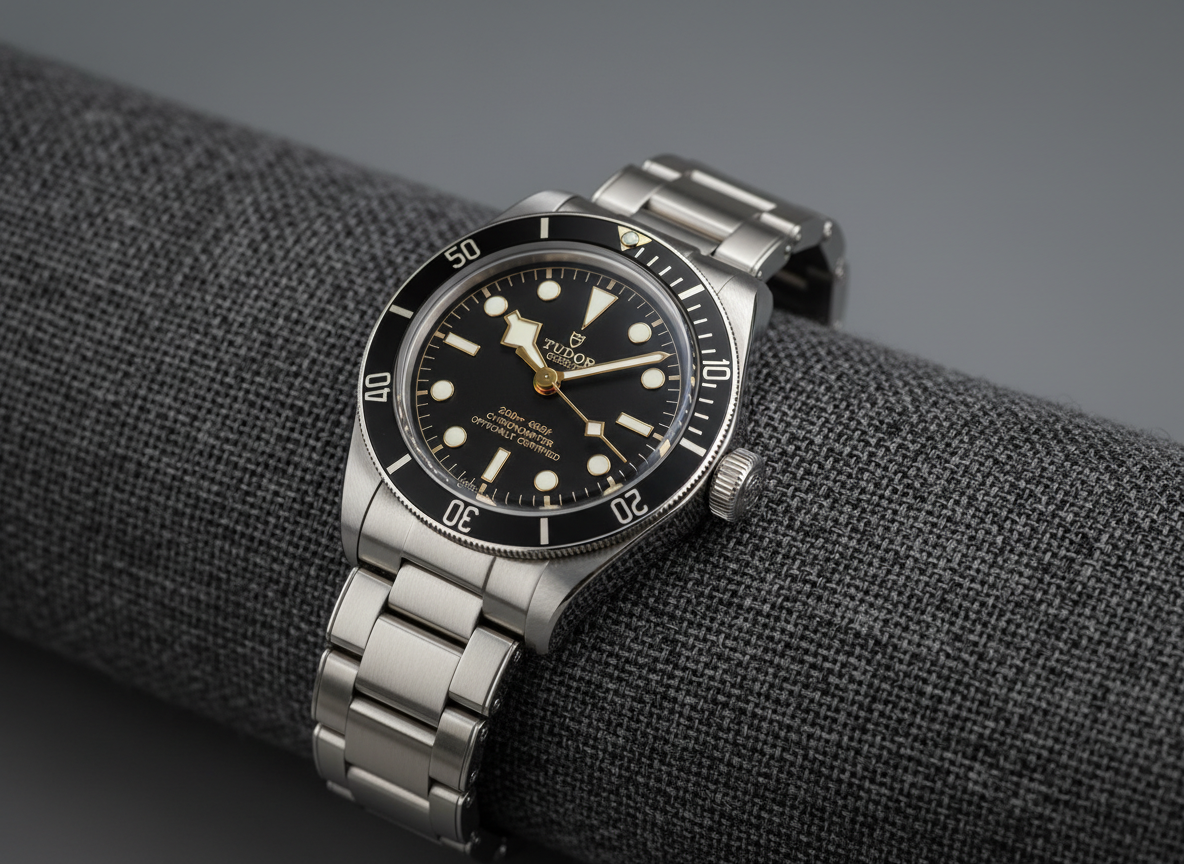 Tudor Black Bay 58 on dark textile showing five-link bracelet and black dial