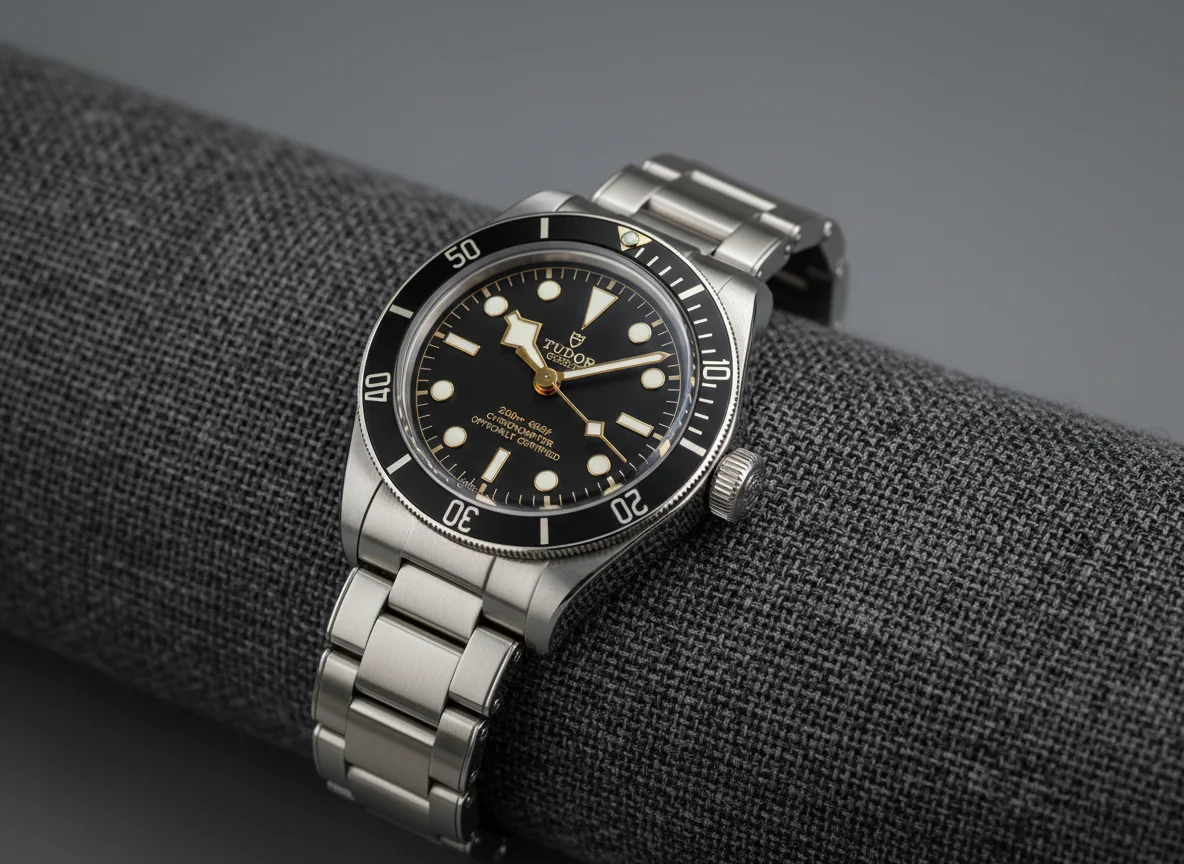 Tudor Black Bay 58 on dark textile showing five-link bracelet and black dial