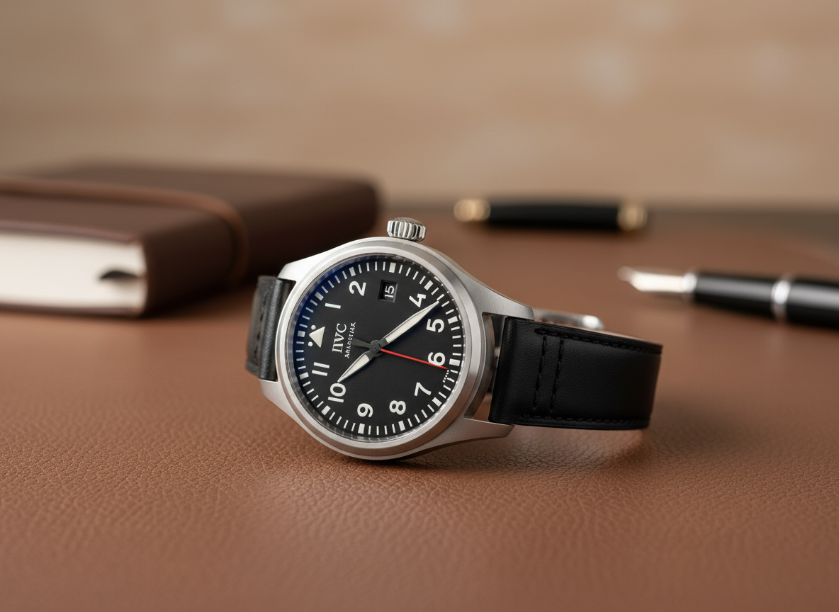 IWC Pilot Mark XX on leather surface showing matte black dial with Arabic numerals