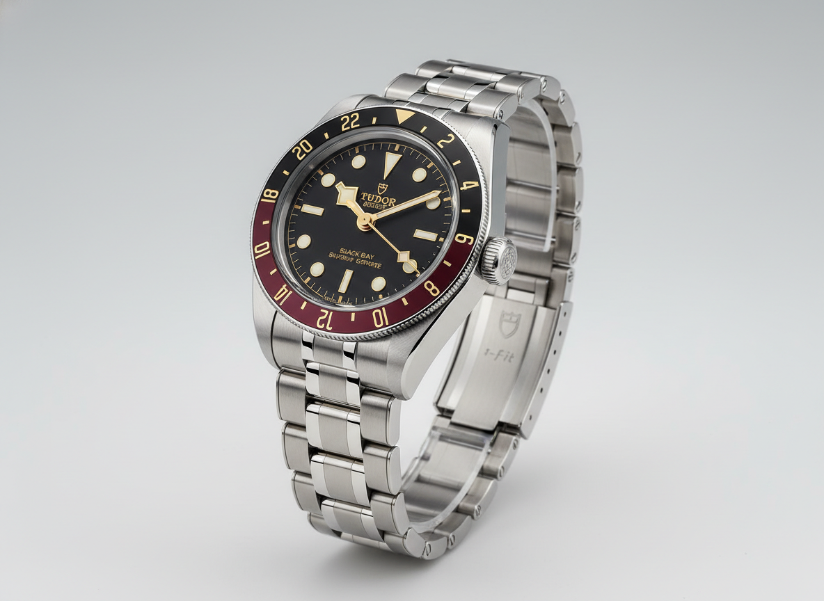 Tudor Black Bay 58 GMT 2026 with burgundy and black bezel on five-link bracelet