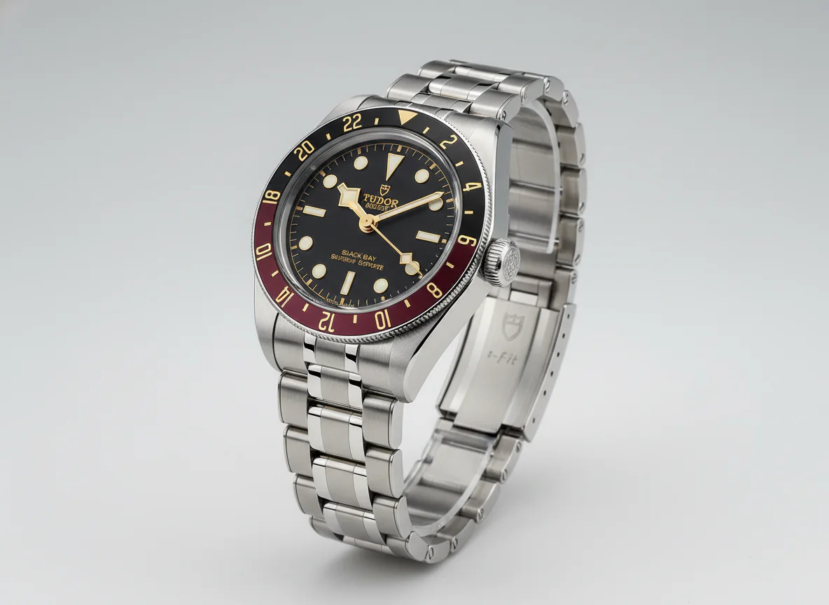 Tudor Black Bay 58 GMT 2026 with burgundy and black bezel on five-link bracelet