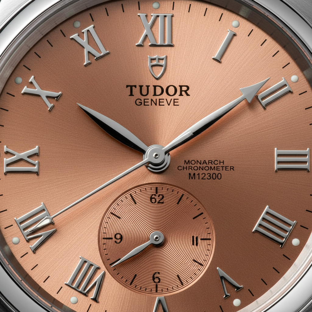 Tudor Monarch dial close-up showing California numeral layout and salmon brushed texture