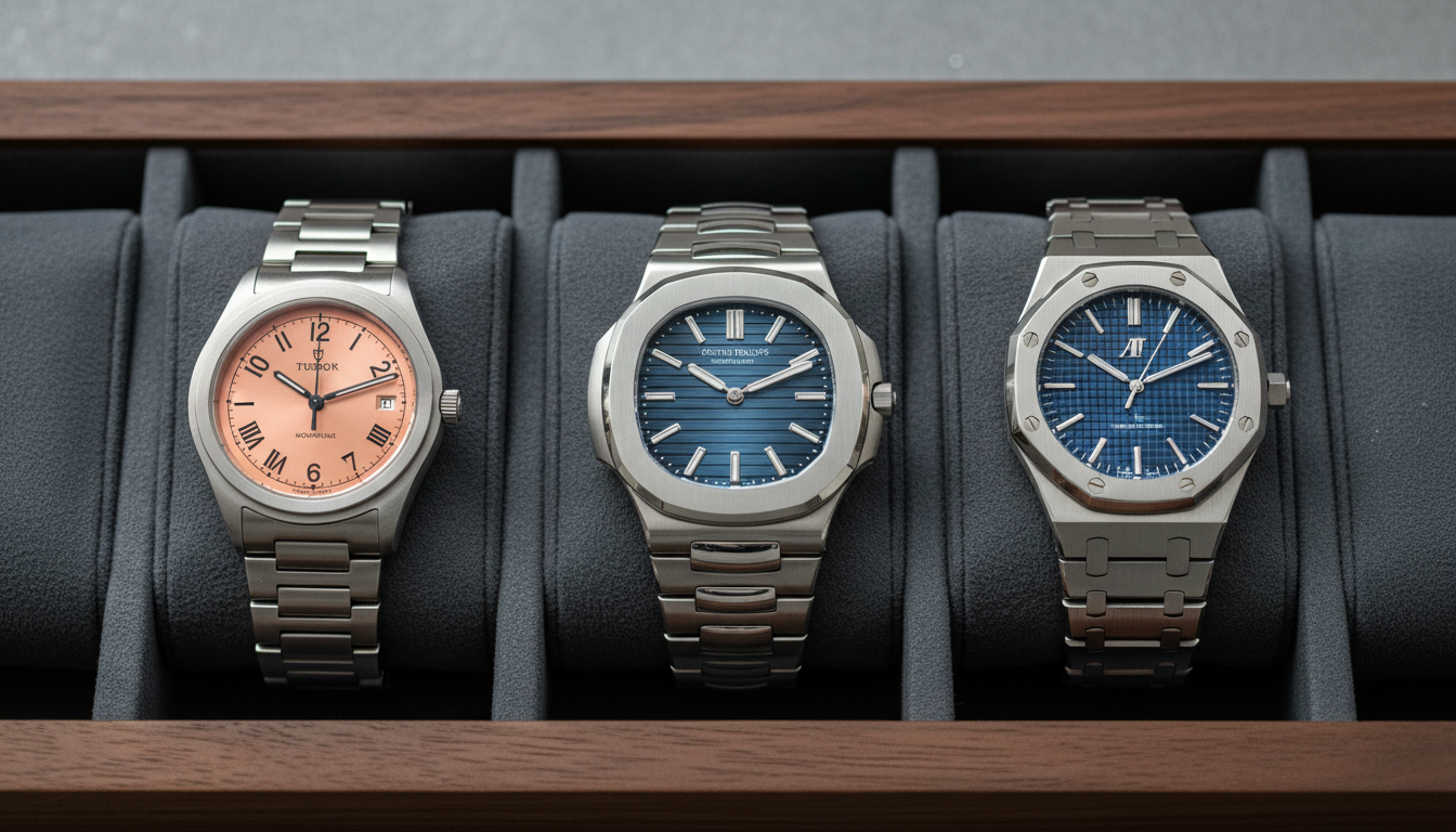 Three integrated-bracelet watches compared: Tudor Monarch, Patek Philippe Nautilus, AP Royal Oak