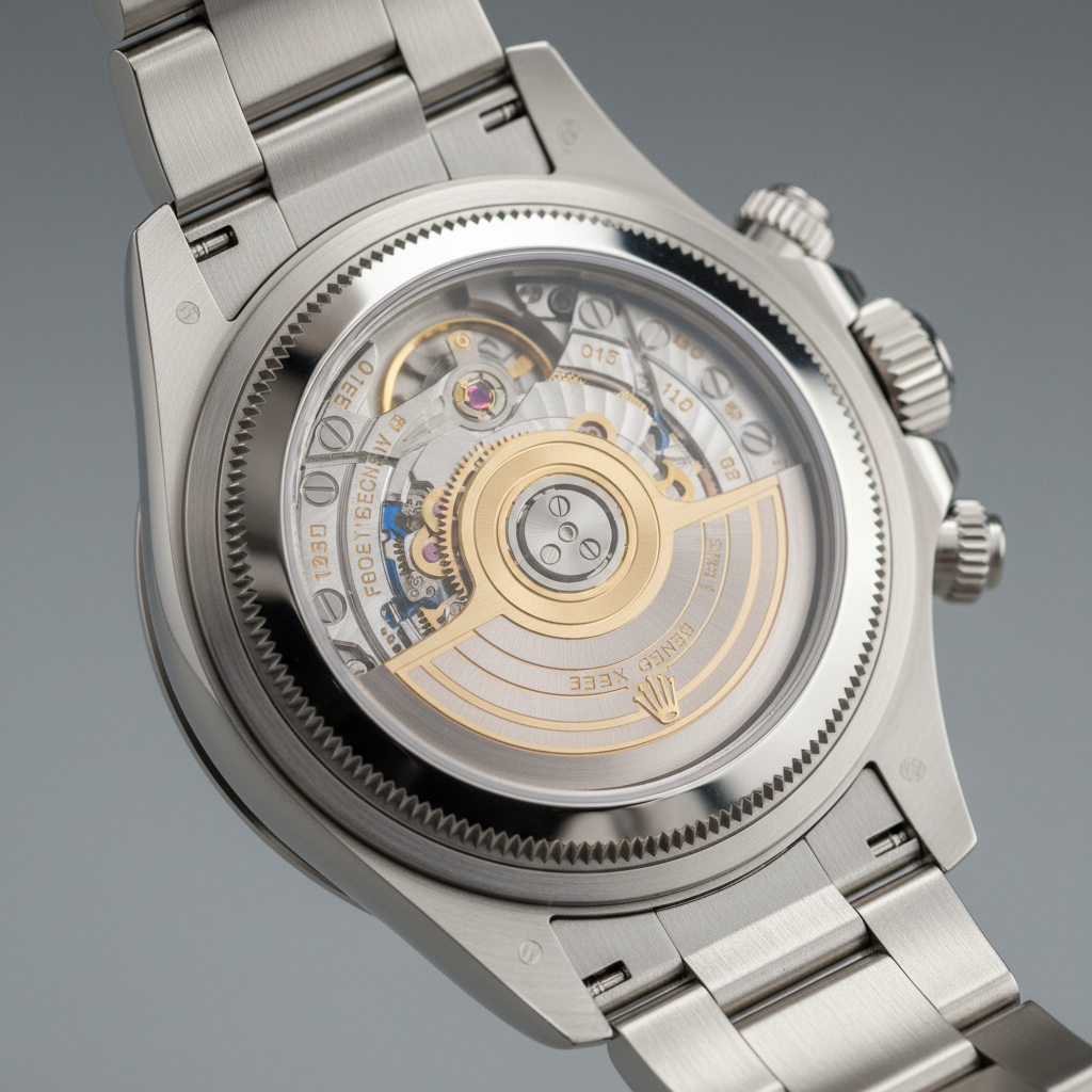 Rolex Daytona Rolesium sapphire caseback view showing caliber 4131 movement