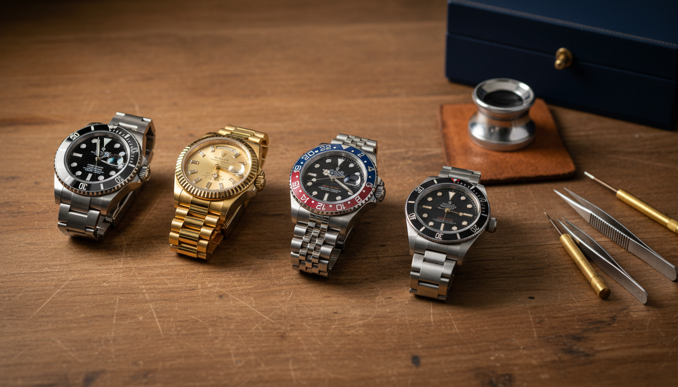 Pre-owned luxury watch dealer's bench with several Rolex and Tudor watches arranged for inspection