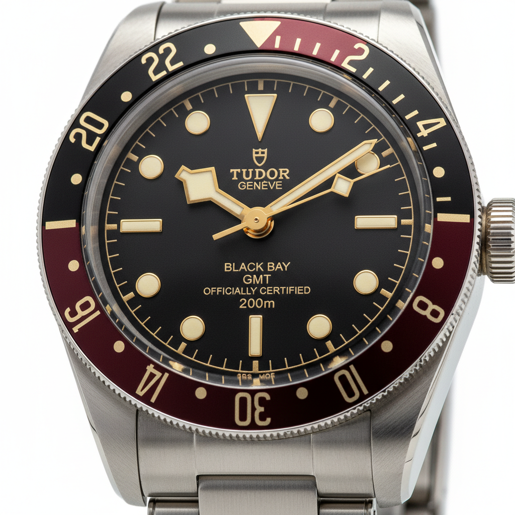 Tudor Black Bay 58 GMT dial close-up showing burgundy bezel and gilt accents